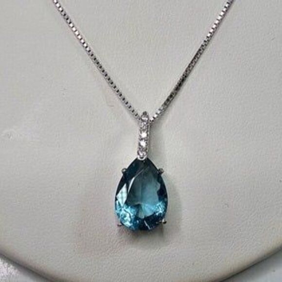 S925 Blue Glass & Pave Rhinestone Teardrop Pendant on 925 Stamped Necklace 18"L - Picture 1 of 7